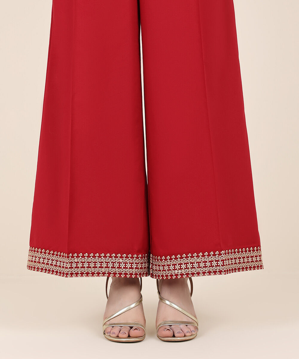 Women's RTW Cambric Red Embroidered Flared Pants