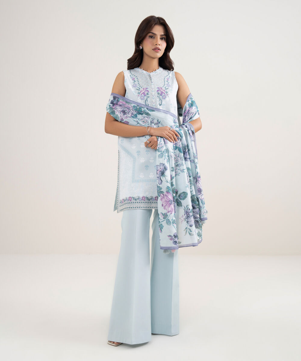 Women's Unstitched Lawn Blue Embroidered 3 Piece Suit