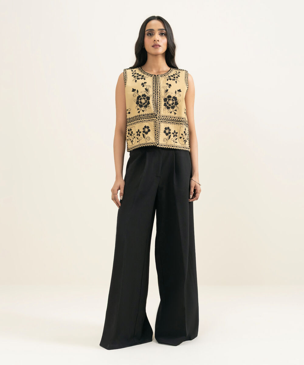 Women's RTW Dobby Embroidered Beige Waistcoat