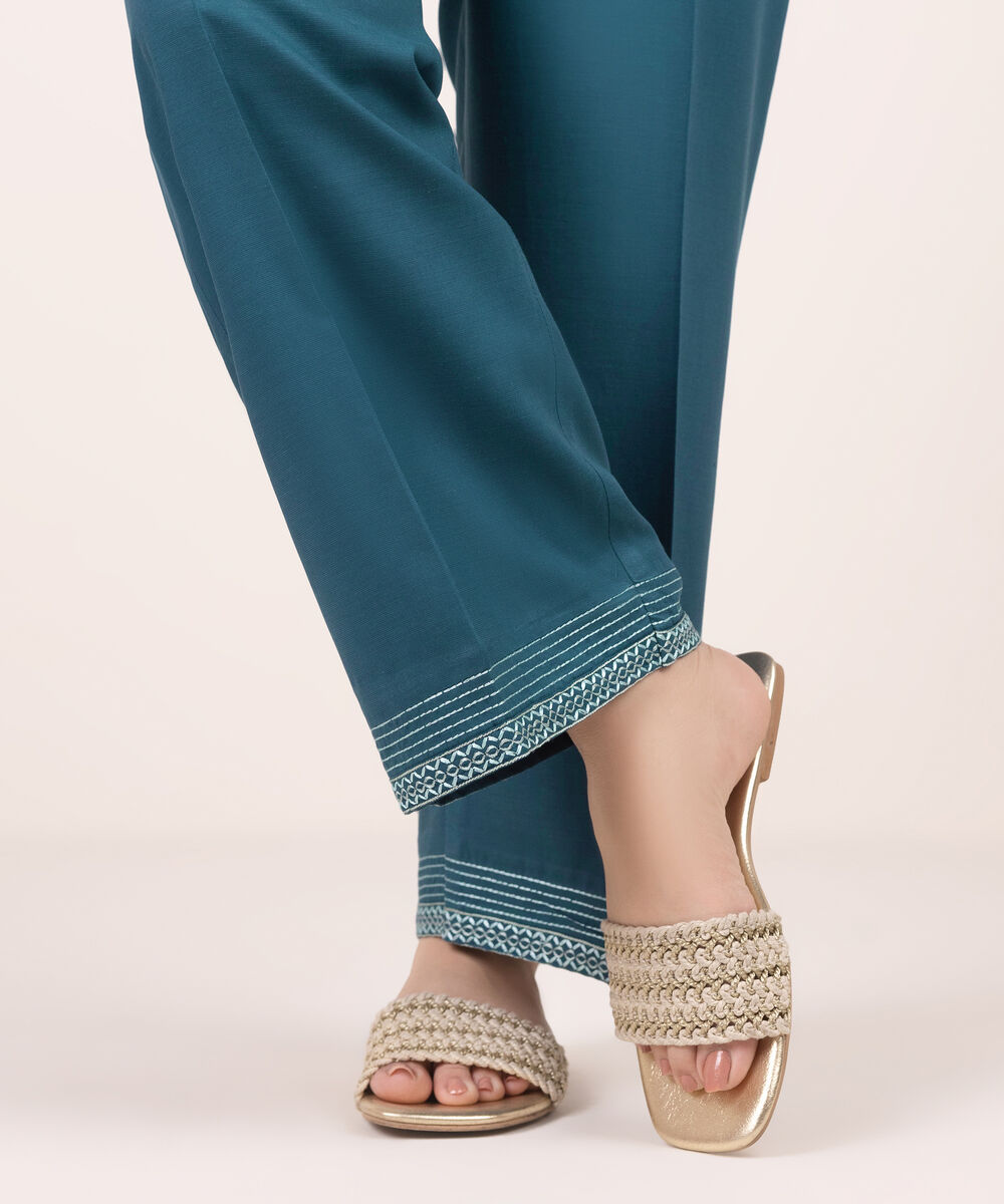 Women's RTW Cotton Viscose Embroidered Blue Straight Pants