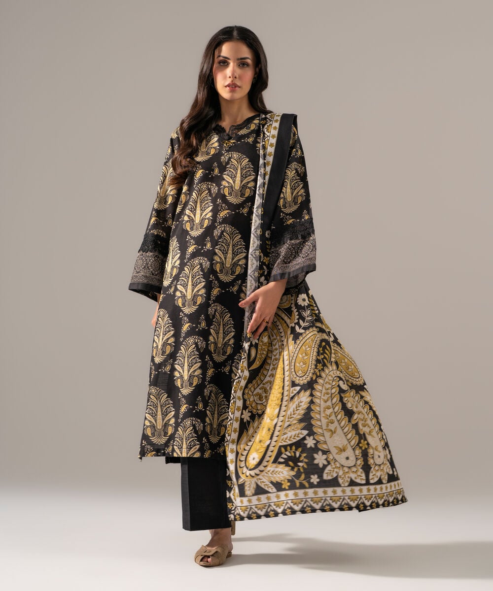 Women's RTW Khaddar Printed Black 3 Piece Suit
