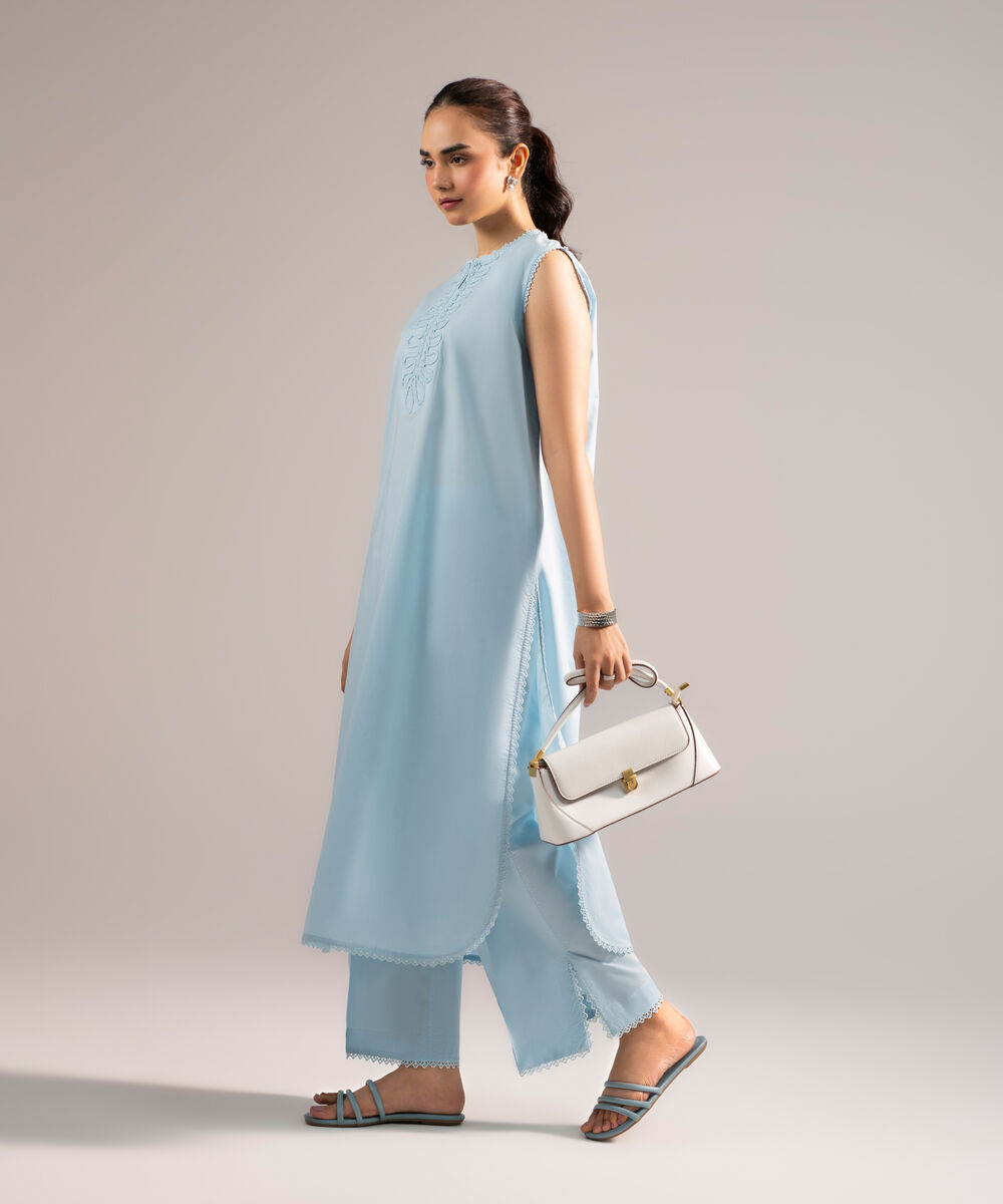 Women's RTW Poplin Solid Blue Straight Shirt