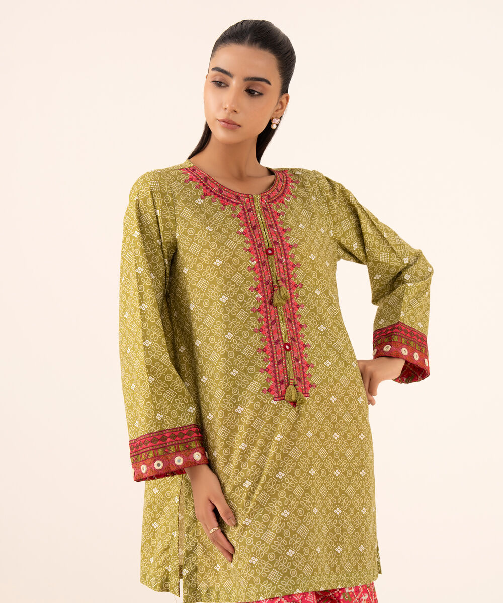 Women's RTW Cambric Green Embroidered A-Line Shirt