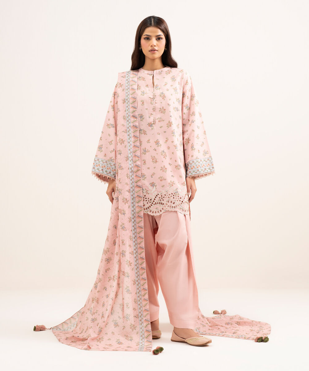 Women's Unstitched Lawn Embroidered Pink 3 Piece Suit