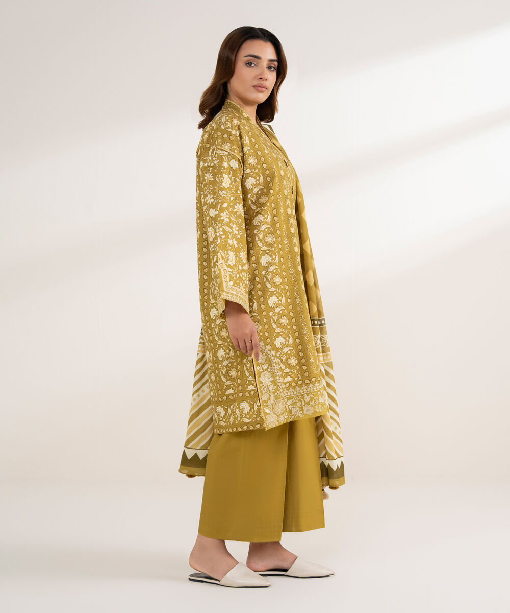 Women's Unstitched Cotton Printed Brown 3 Piece Suit