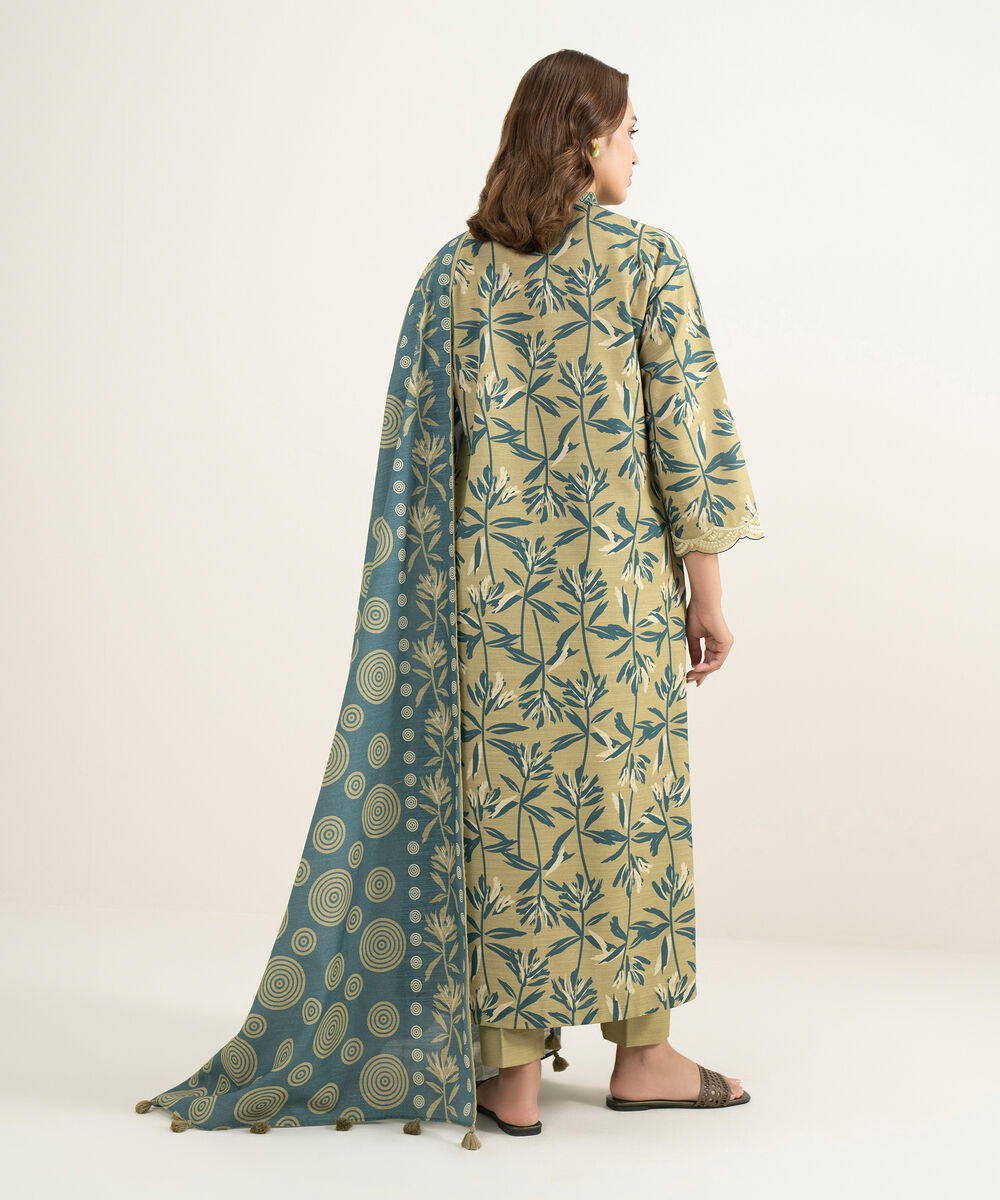 Women's Three Piece Beige and Blue Khaddar Embroidered Suit