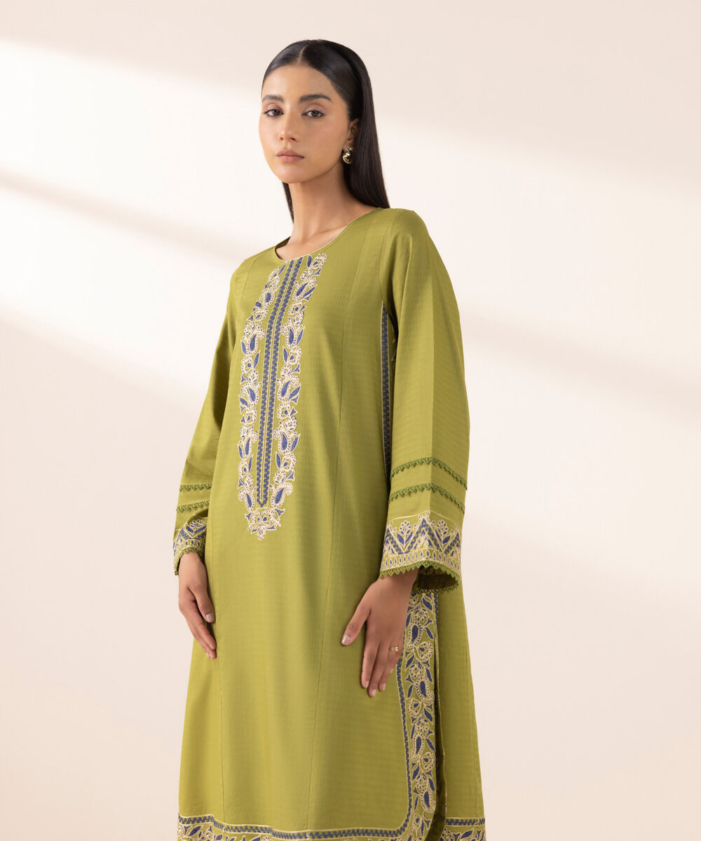 Women's Pret Dobby Green Embroidered A-Line Shirt