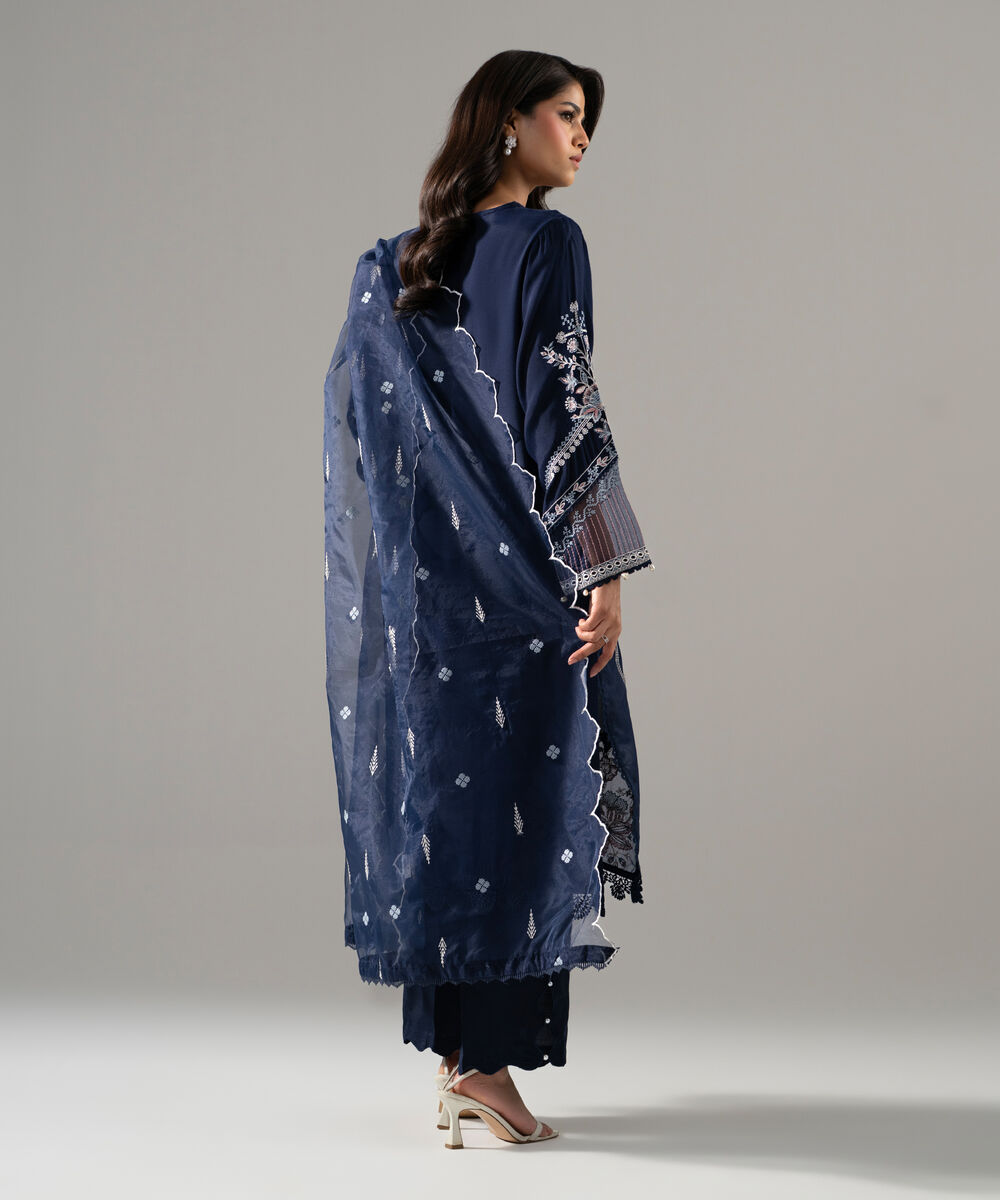 Women's RTW Raw Silk Solid Embroidered Dark Blue 3 Piece Suit