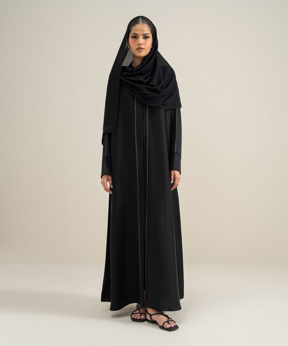 Women's Polyester Black Embellished Raglan Abbaya Set