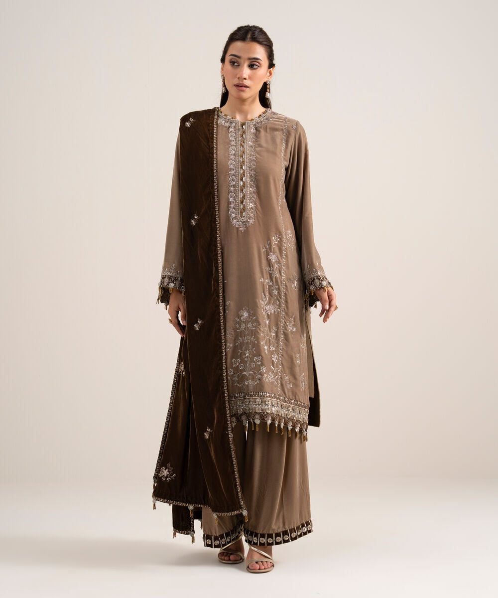 Women's Unstitched Embroidered Velvet Beige 3 Piece Suit