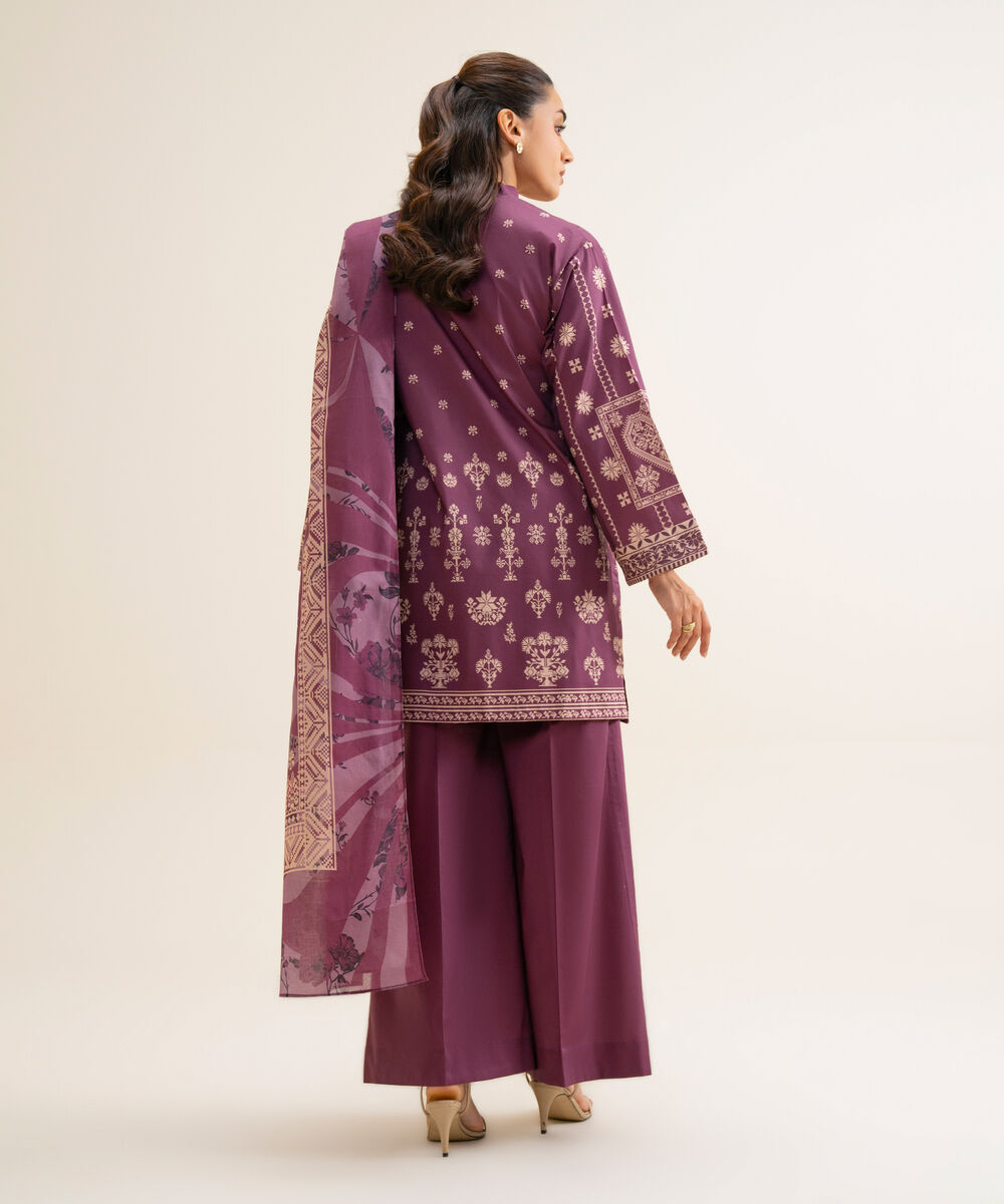 Women's Unstitched Cotton Viscose Printed Plum 3 Piece Suit