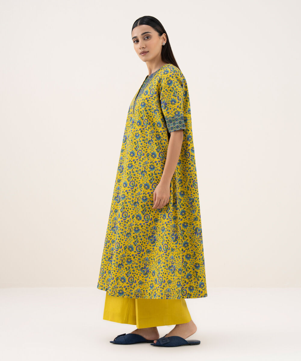 Women's Unstitched Cotton Printed Yellow 2 Piece Suit