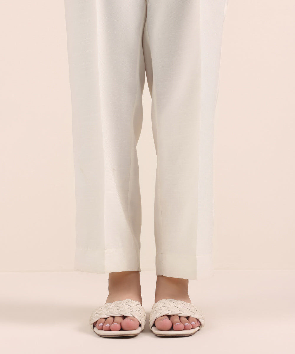 Woman - Off White Raw Silk Straight Pants
