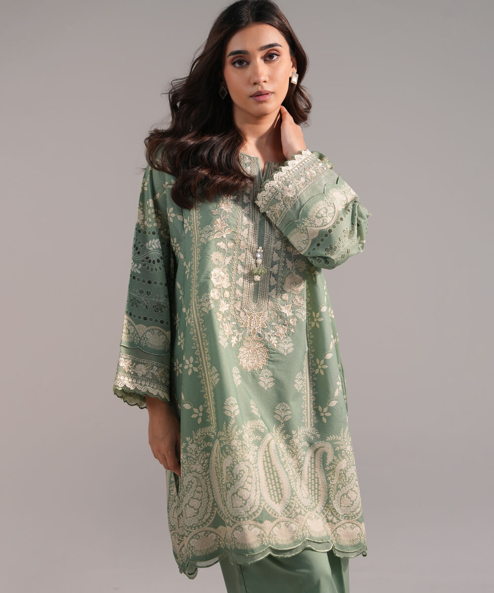 Women's RTW Zari Lawn Embroidered Green Straight Shirt