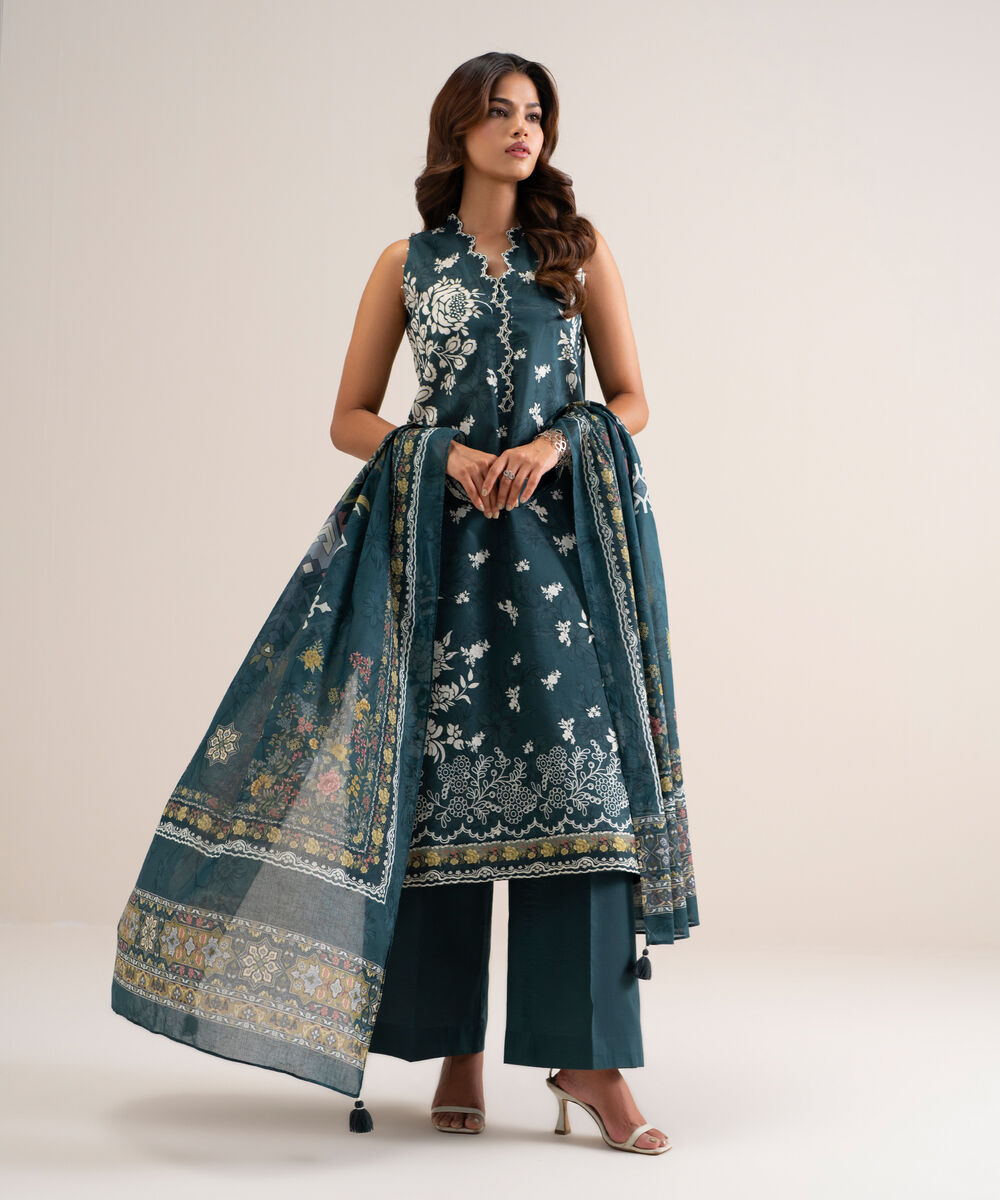Women's Unstitched Printed Lawn Teal Green 3 Piece Suit