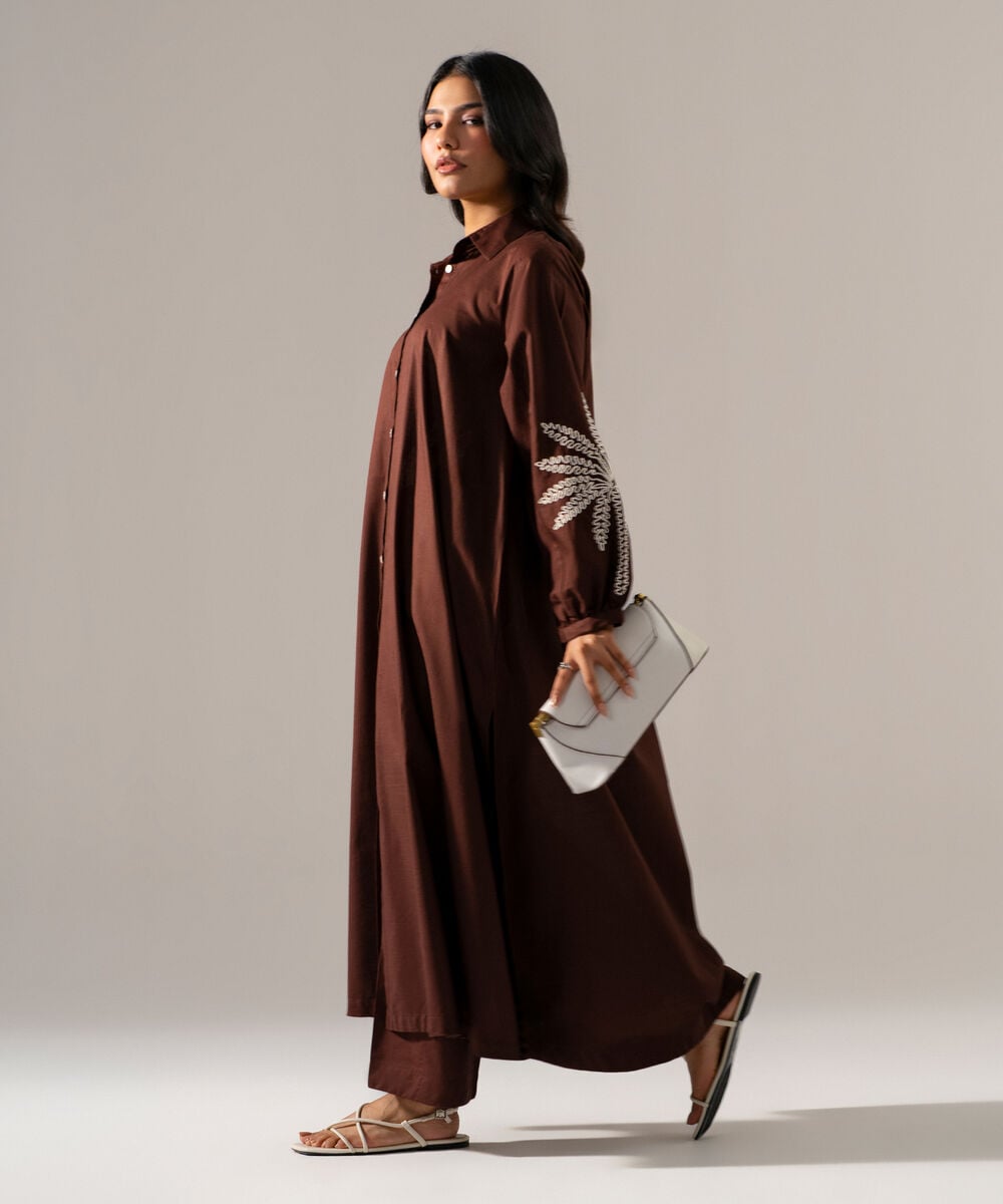 Women's RTW Cross Hatch Solid Embroidered Brown A-Line Shirt