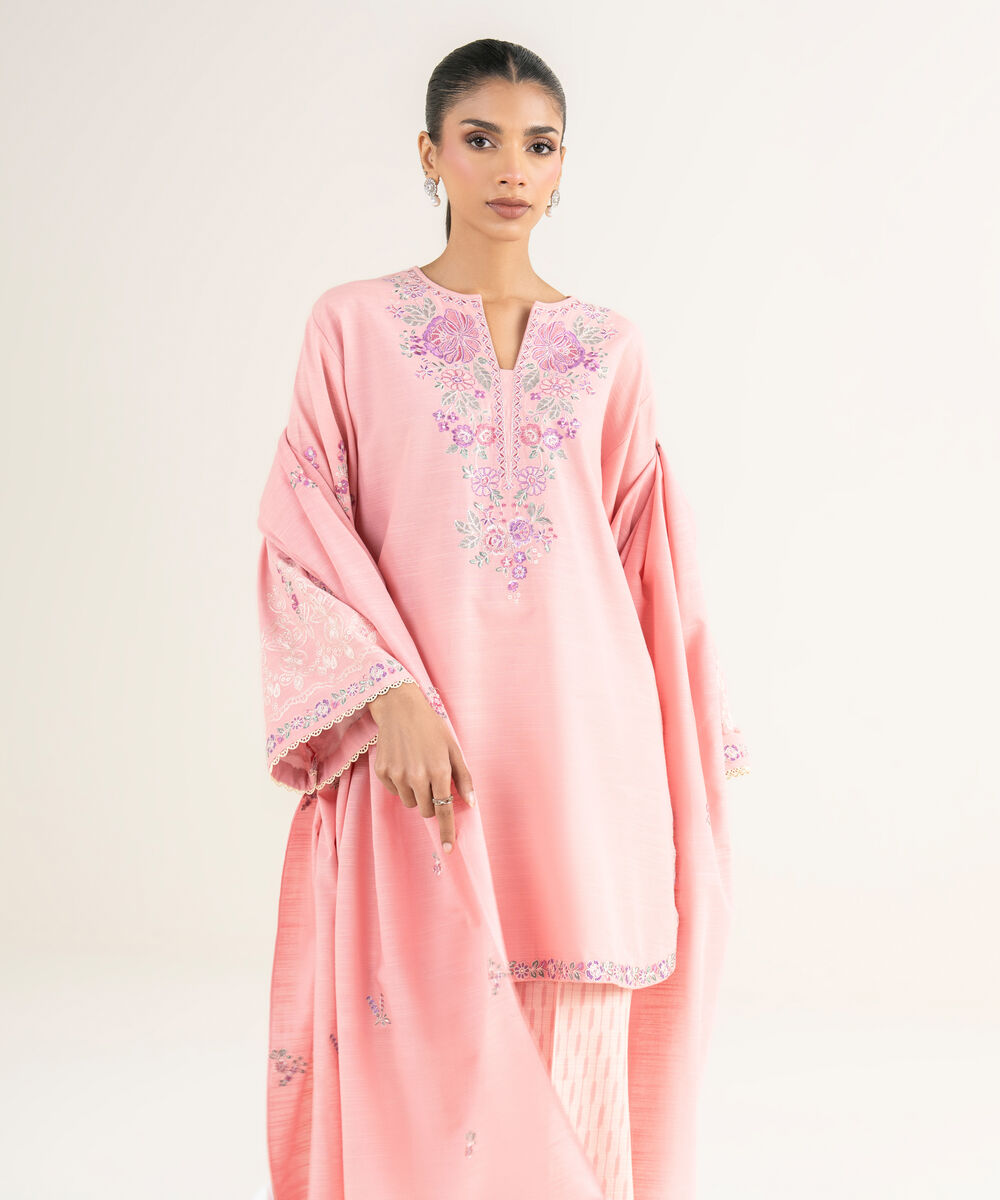Women's Unstitched Cotton Embroidered Pink 3 Piece Suit