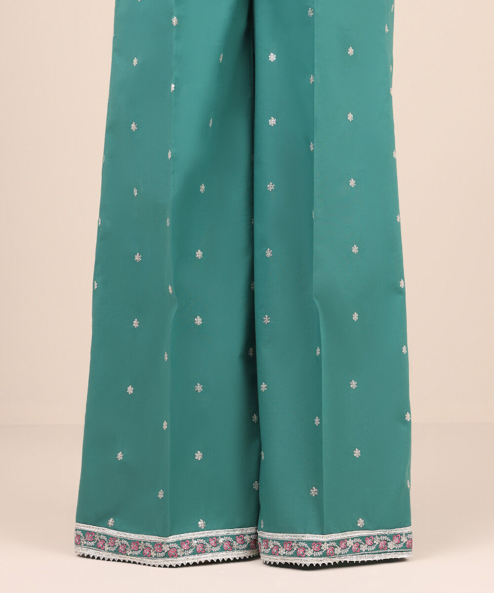 Women's Pret Cambric Green Embroidered Flared Pants