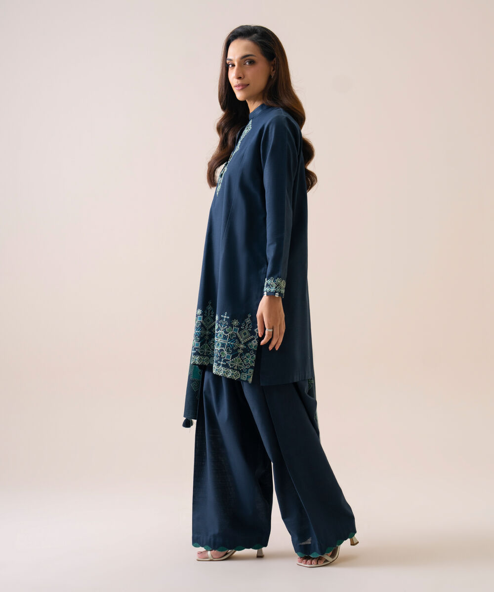 Women's Unstitched Light Khaddar Embroidered Dark Blue 3 Piece Suit