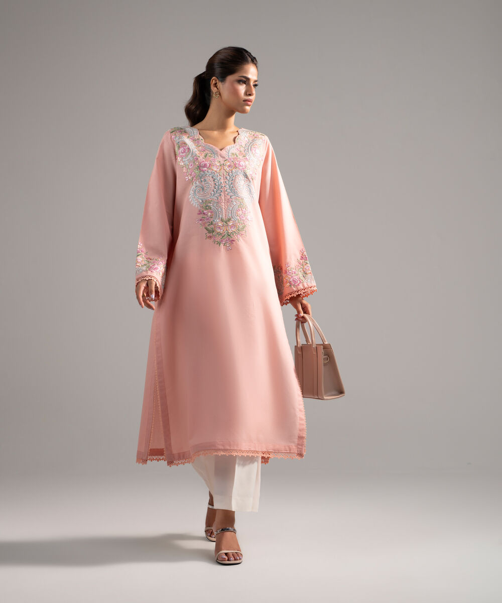 Women's RTW Zari Lawn Embroidered Pink A-Line Shirt