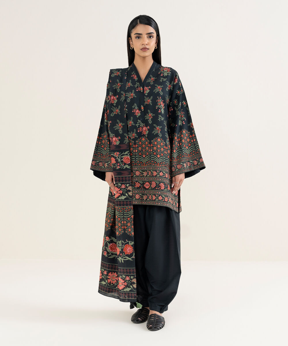 Women's Unstitched Printed Khaddar Black 3 Piece Suit