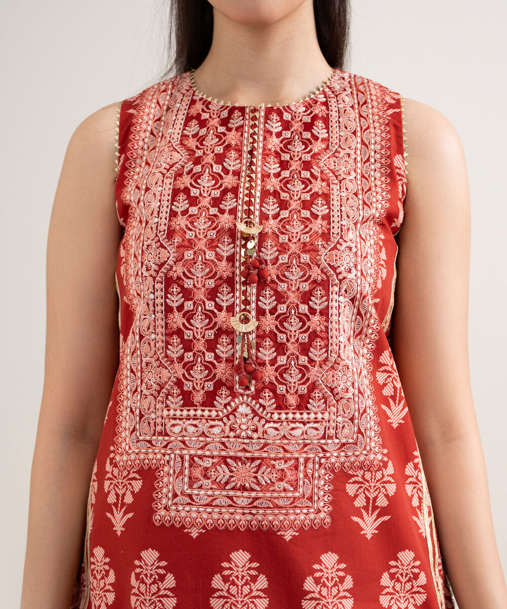 Women's Unstitched Cotton Embroidered Red
