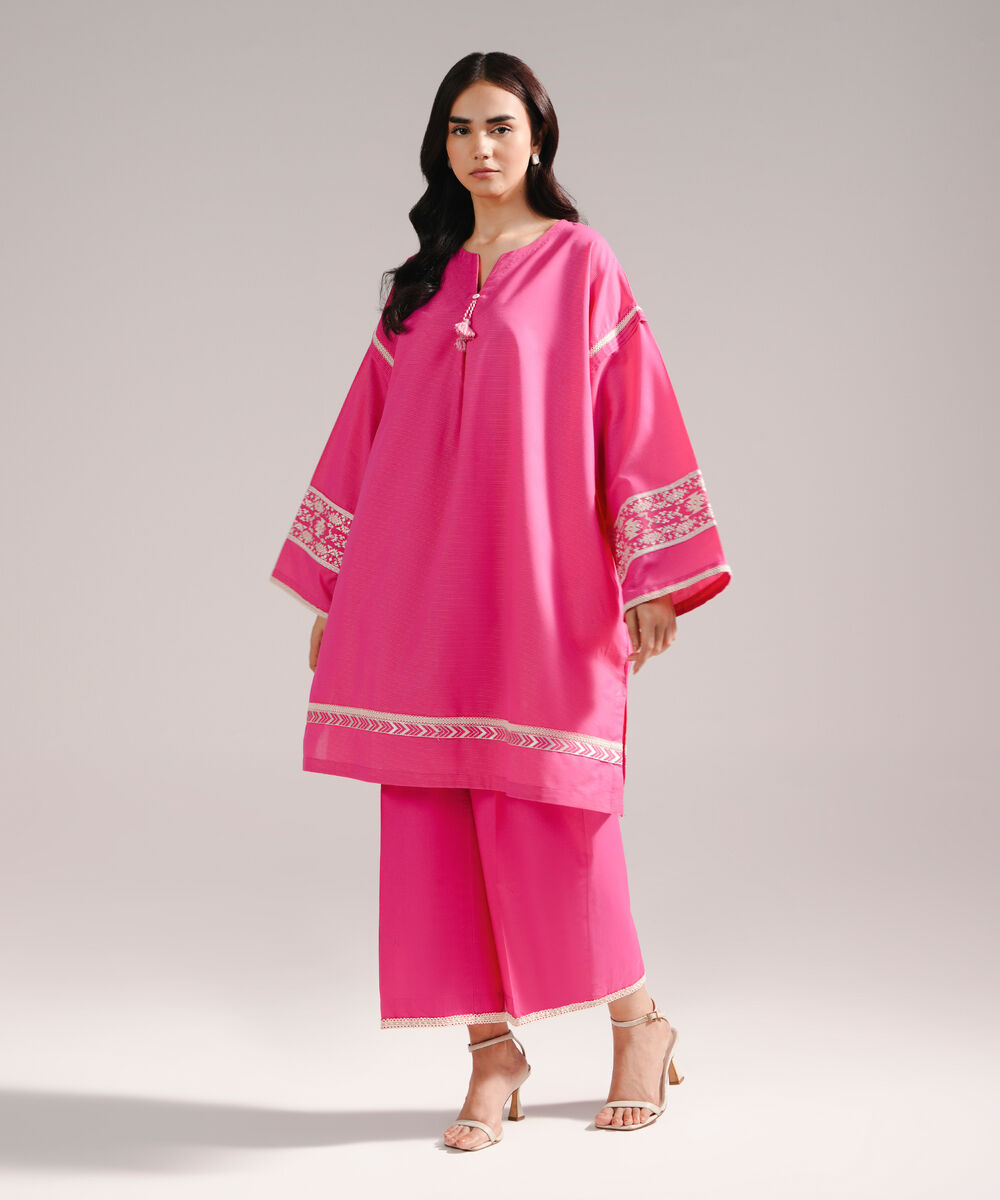 Women's RTW Zari Lawn Embroidered Pink Straight Shirt