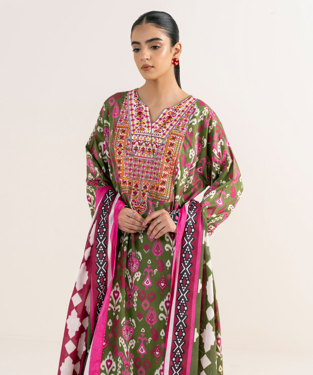 Women's RTW Lawn Green Embroidered 3 Piece Suit