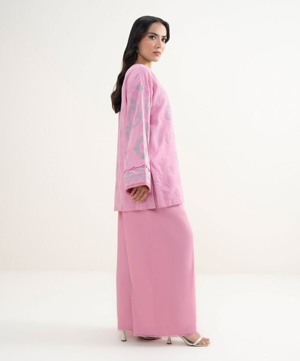 Women's RTW Extra Weft Jacquard Solid Pink 2 Piece Suit