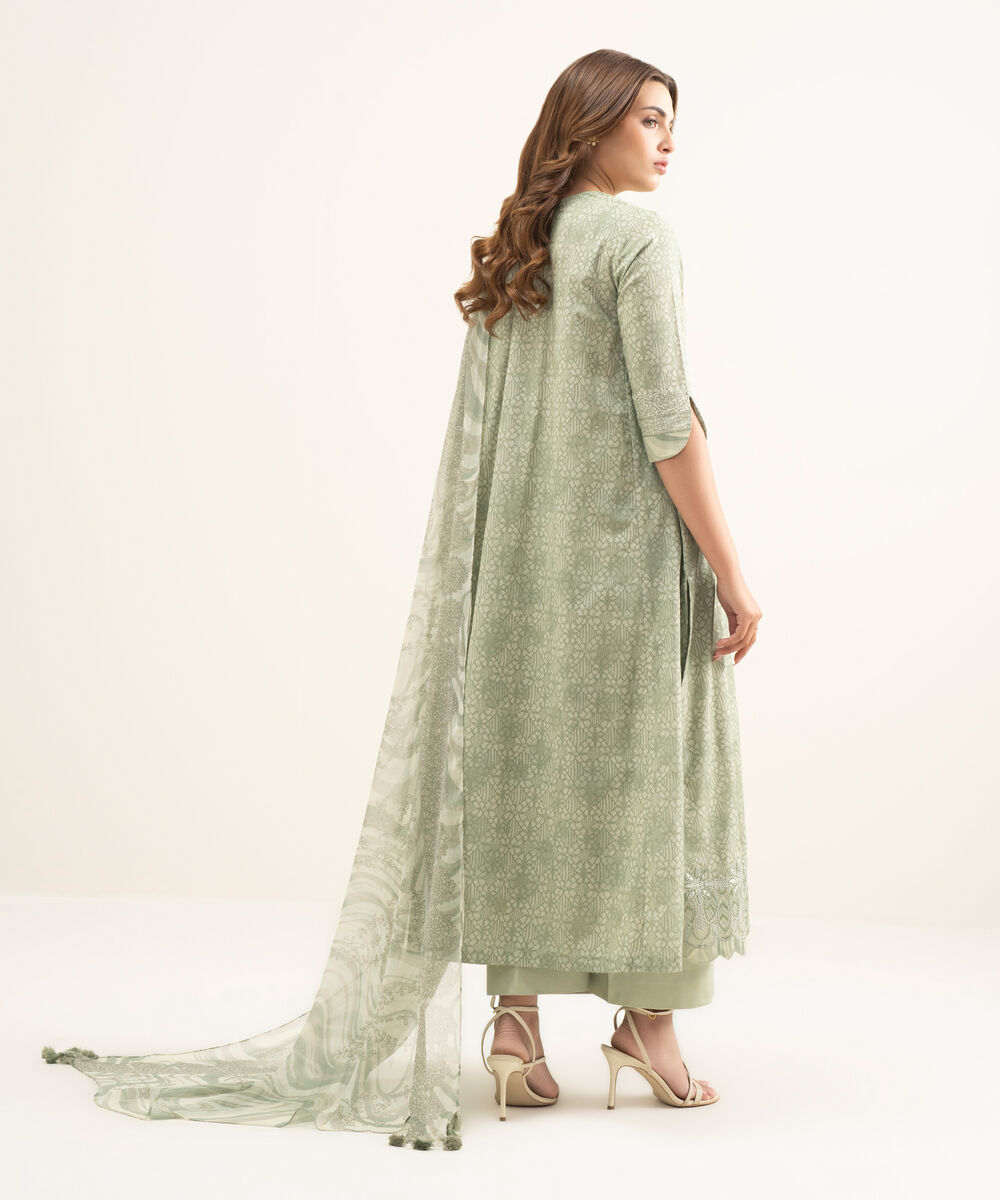 Women's Unstitched Lawn Green Embroidered 3 Piece Suit