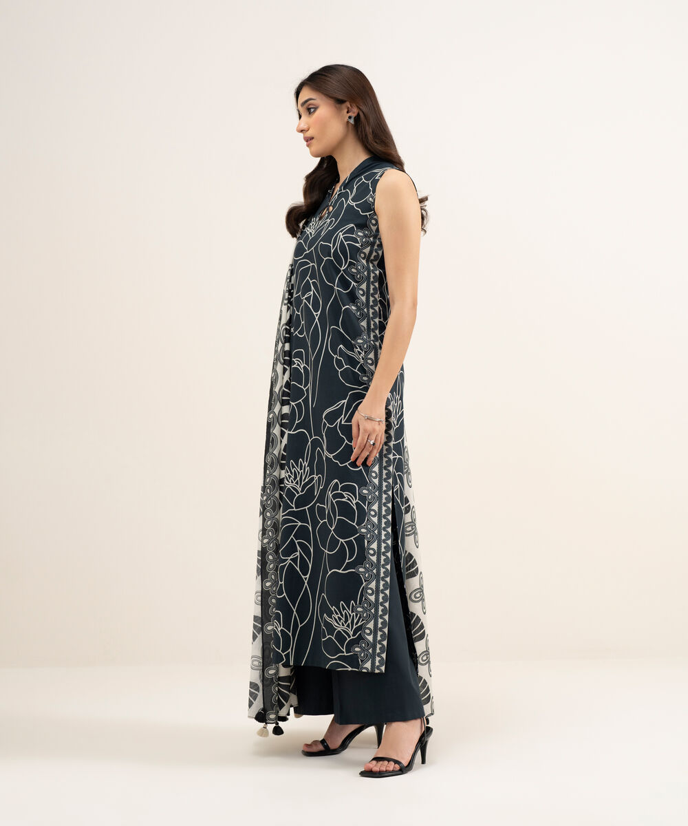 Women's Unstitched Lawn Printed Black and Off White 2 Piece Suit