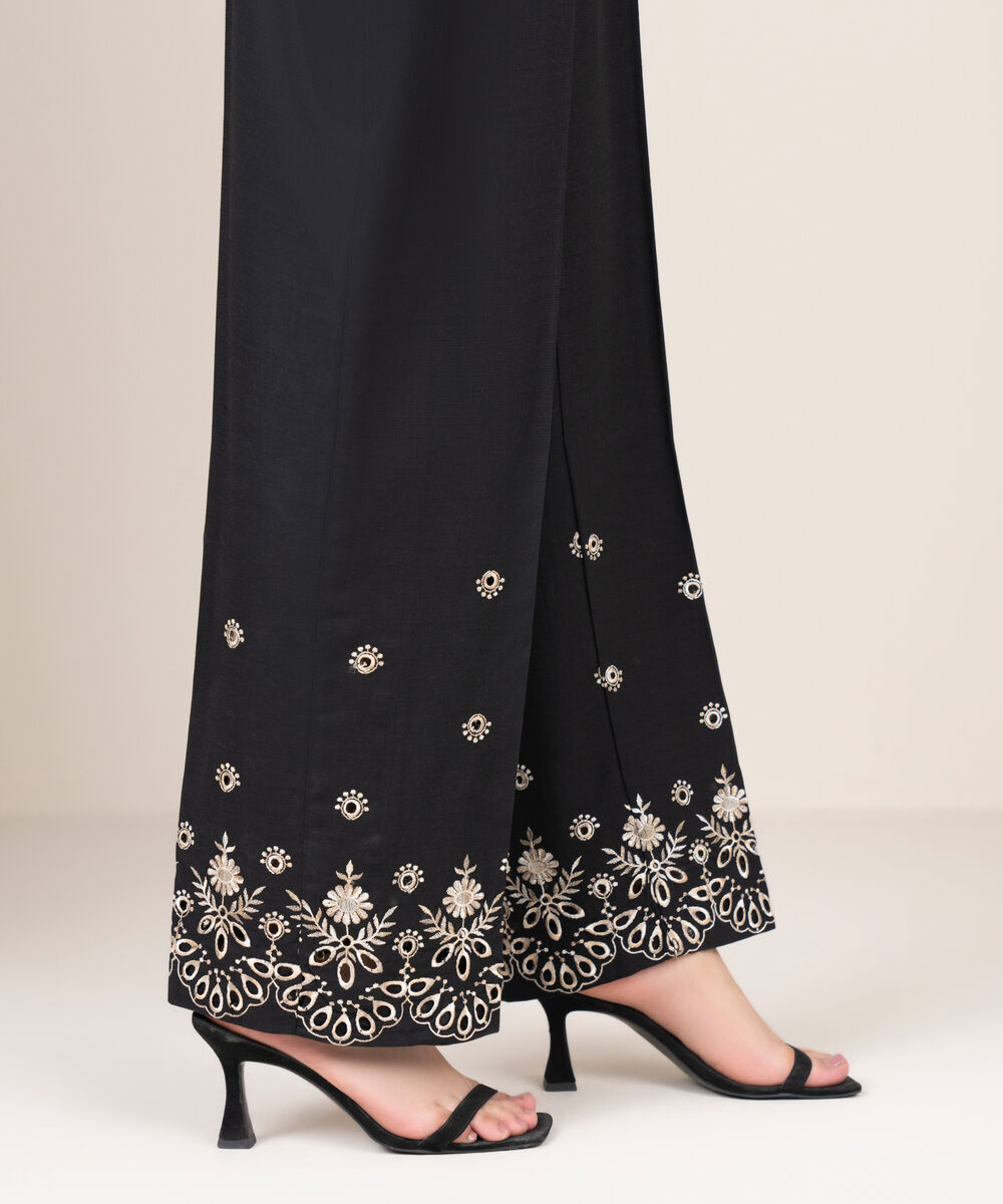 Women's RTW Cotton Viscose Embroidered Black Culottes