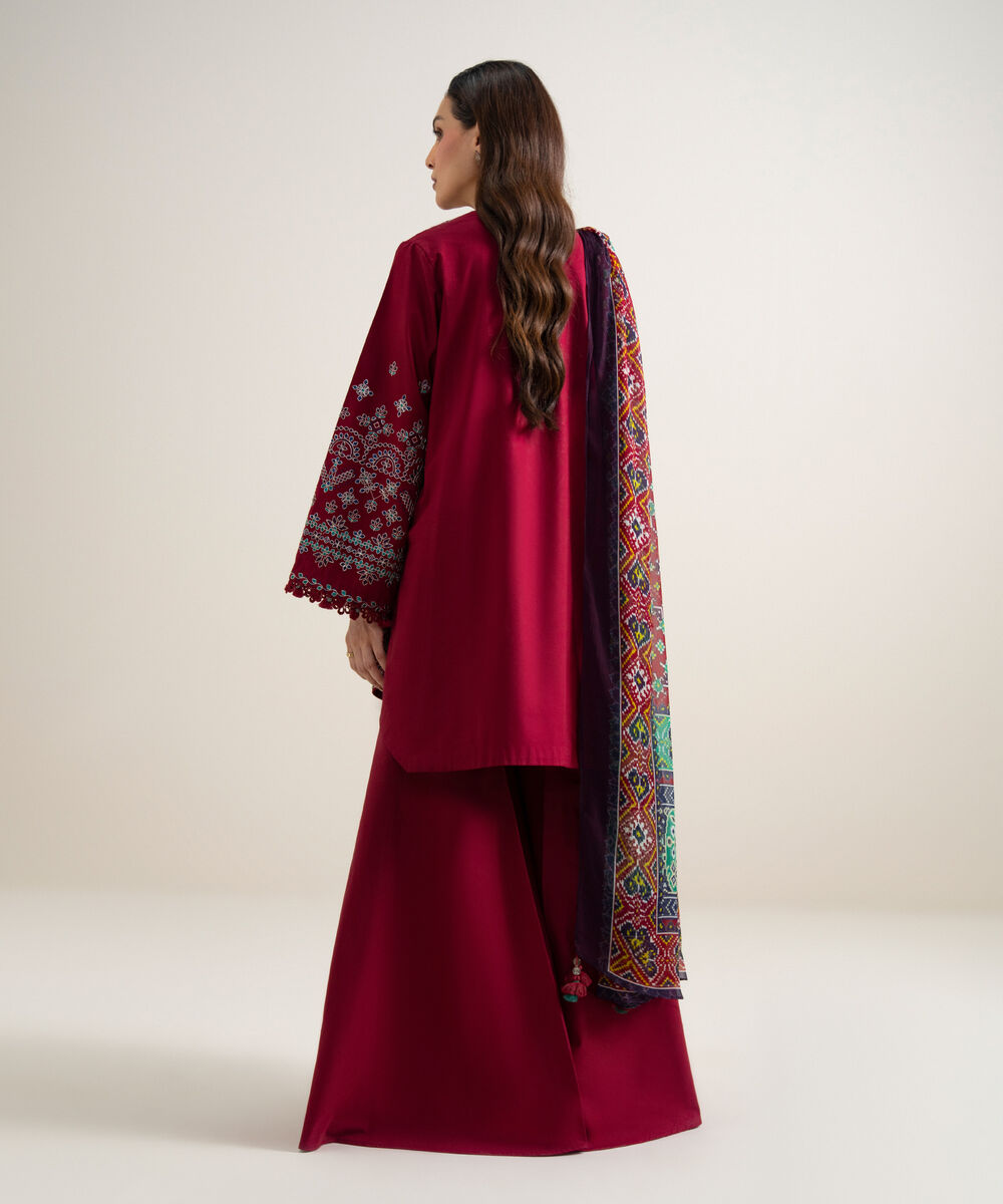 Women's Unstitched Textured Lawn Embroidered Deep Red 3 Piece Suit