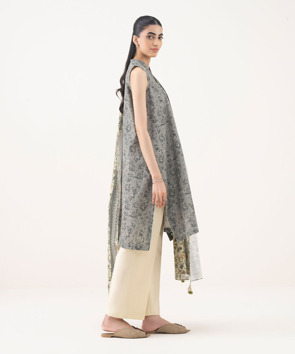 Women's Unstitched Cotton Embroidered Grey 2 Piece Suit