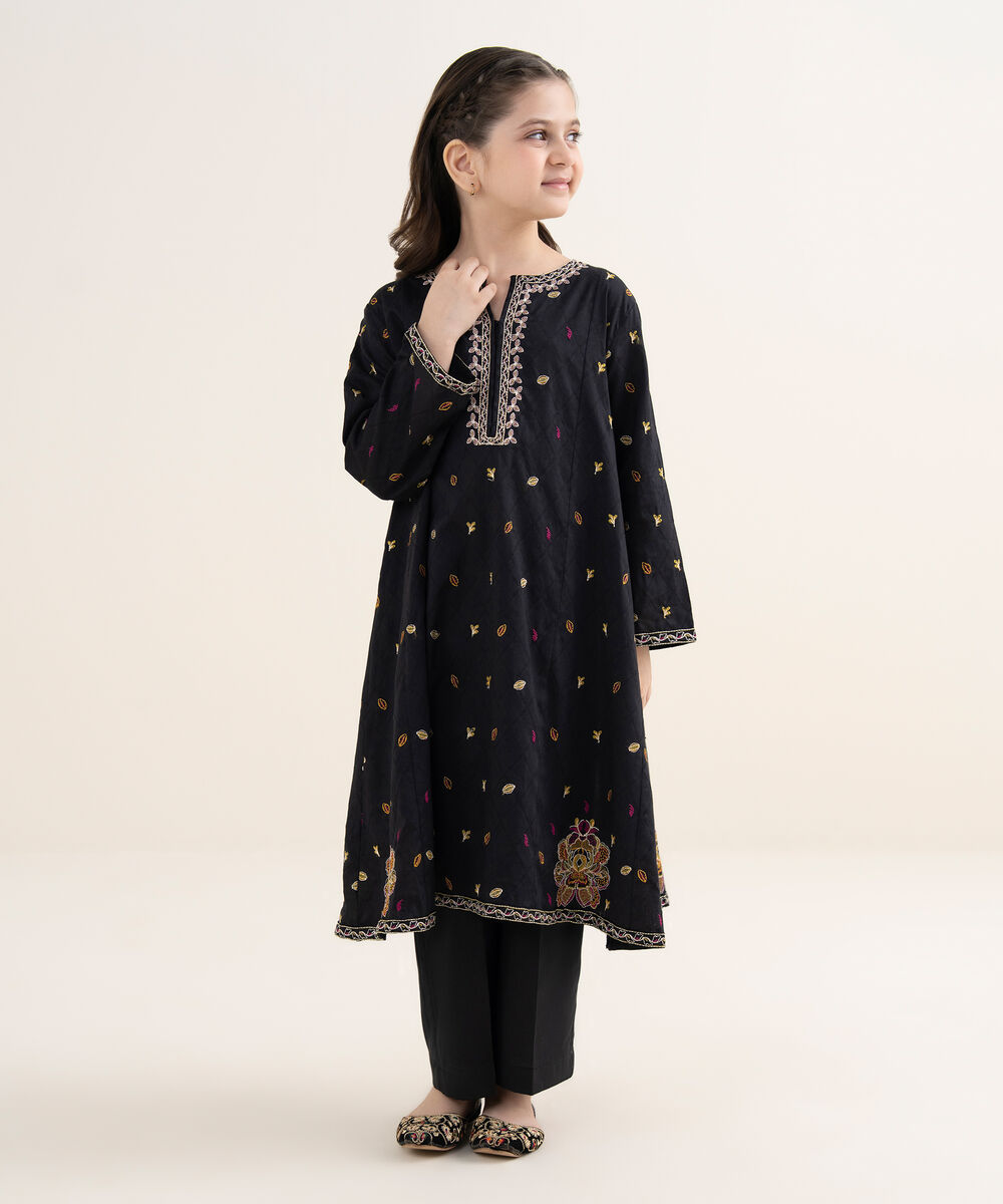 Girl's Cotton Jacquard Embroidered Black 2 Piece Set