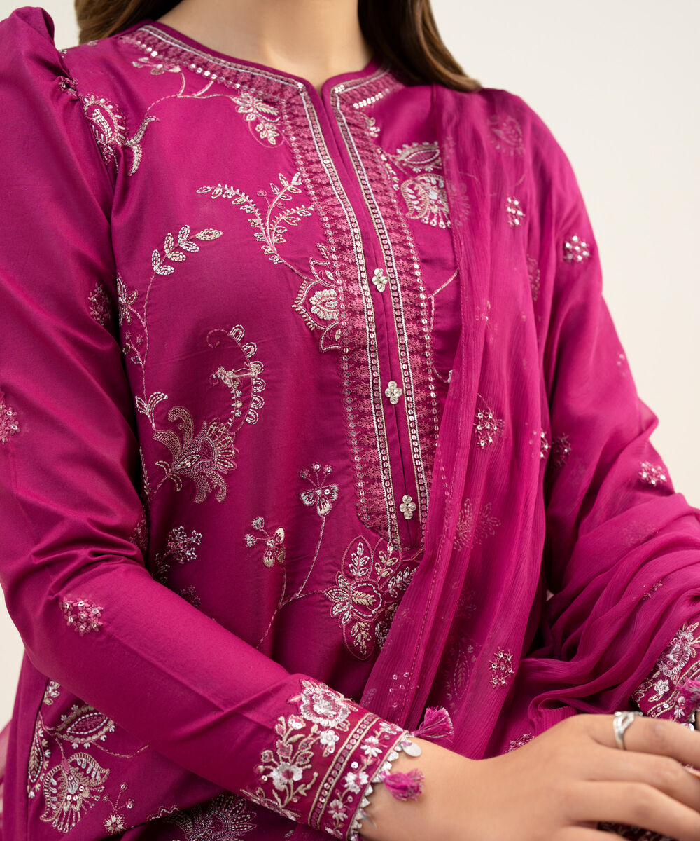 Women's Unstitched Textured Lawn Pink Embroidered 3 Piece Suit