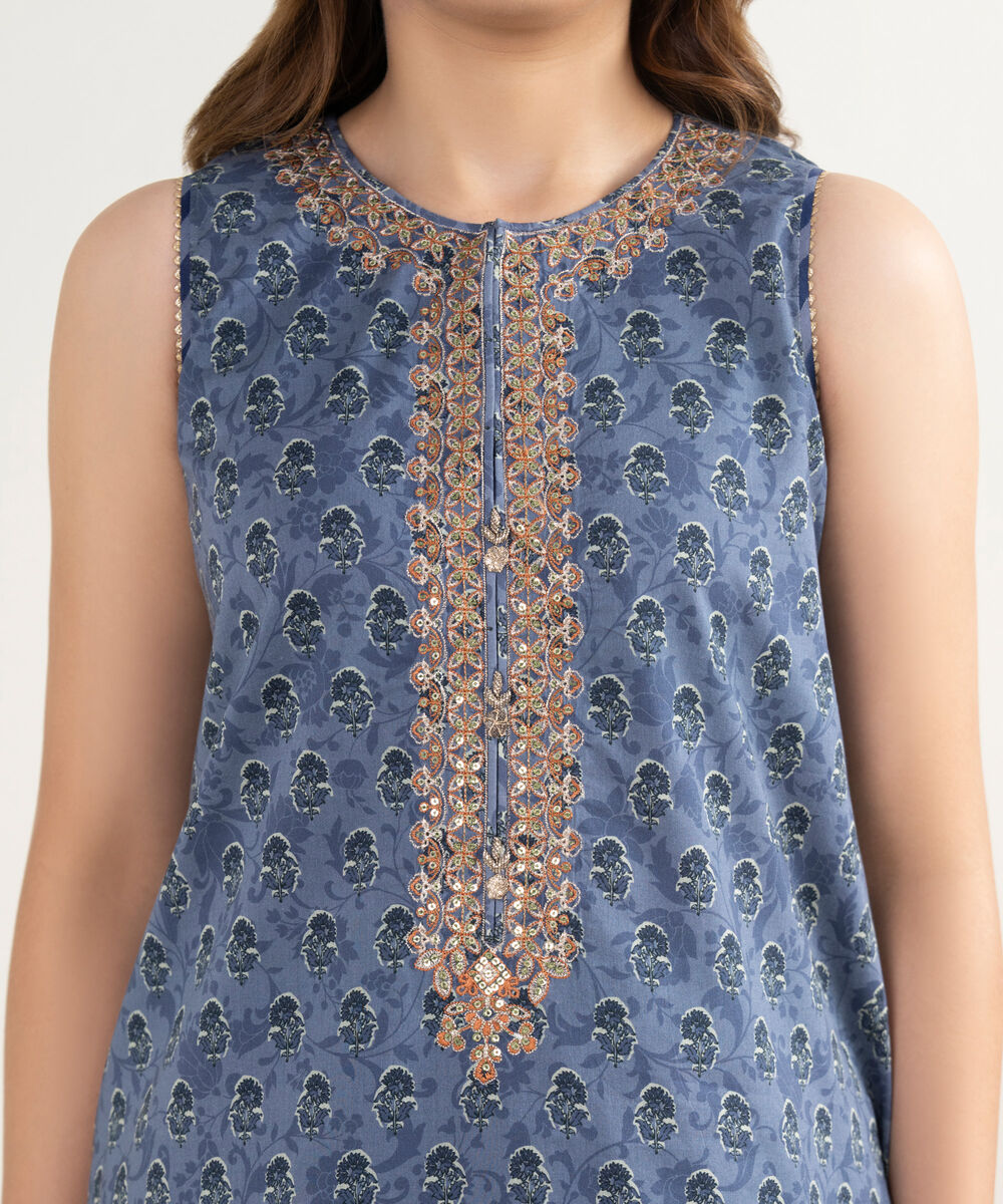 Women's Unstitched Lawn Embroidered Blue  3 Piece Suit