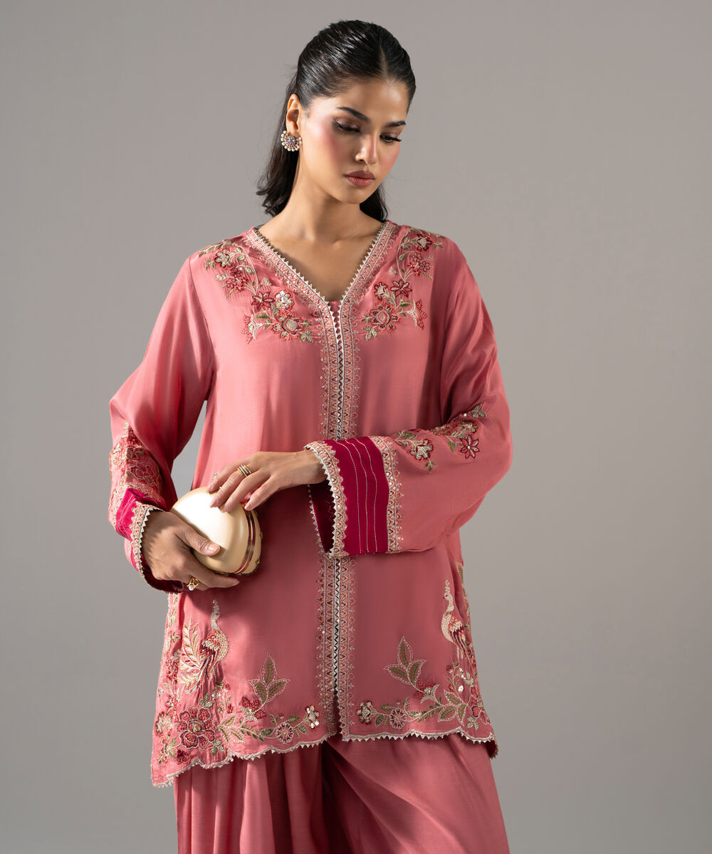 Women's RTW Thai Silk Solid Embroidered Pink 2 Piece Suit