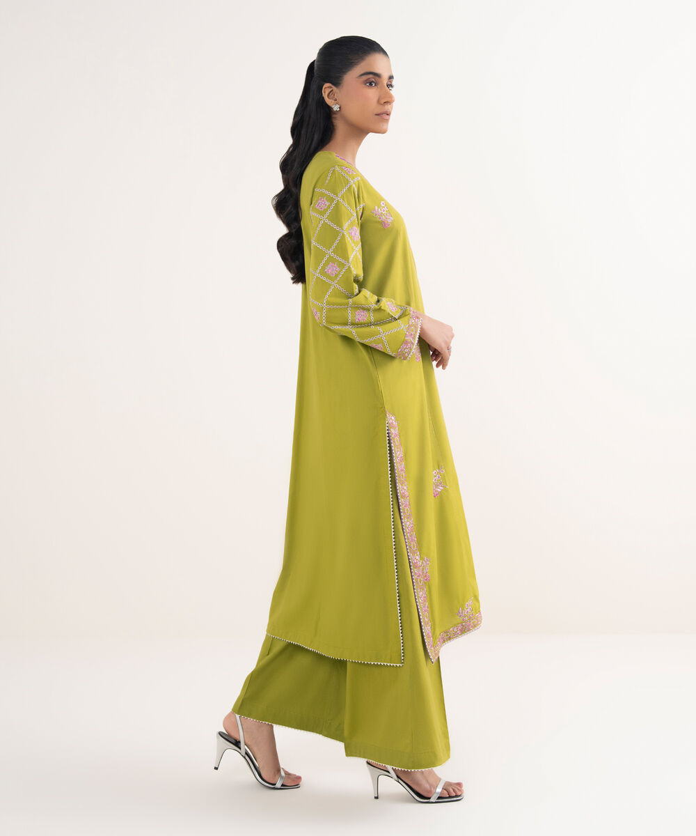 Women's RTW Cotton Viscose Embroidered Green A-Line Shirt