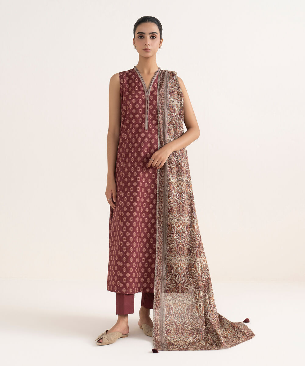 Women's Unstitched Cotton Printed Red Three Piece Suit