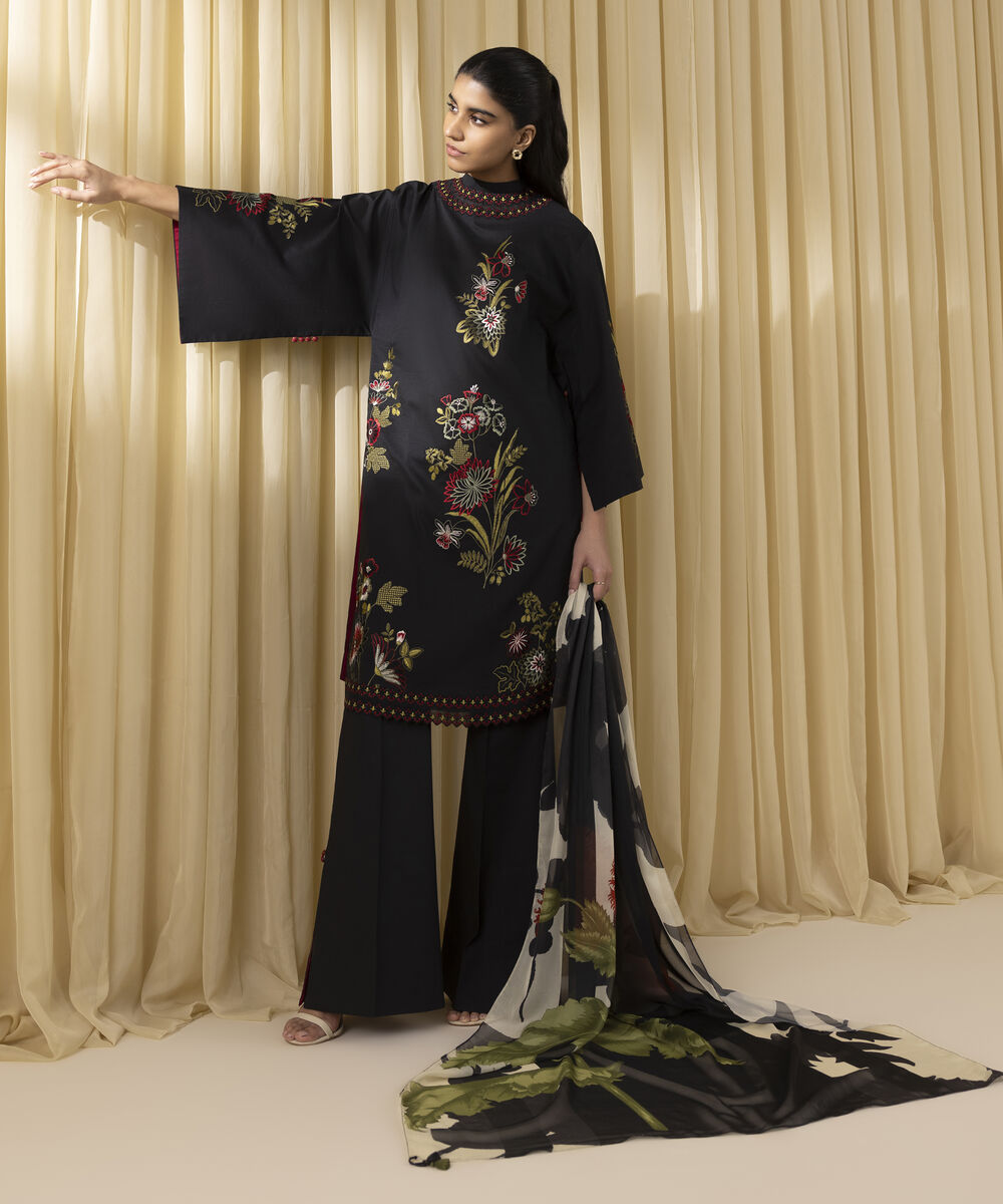 Unstitched Women's Black Textured Lawn 3 Piece Suit