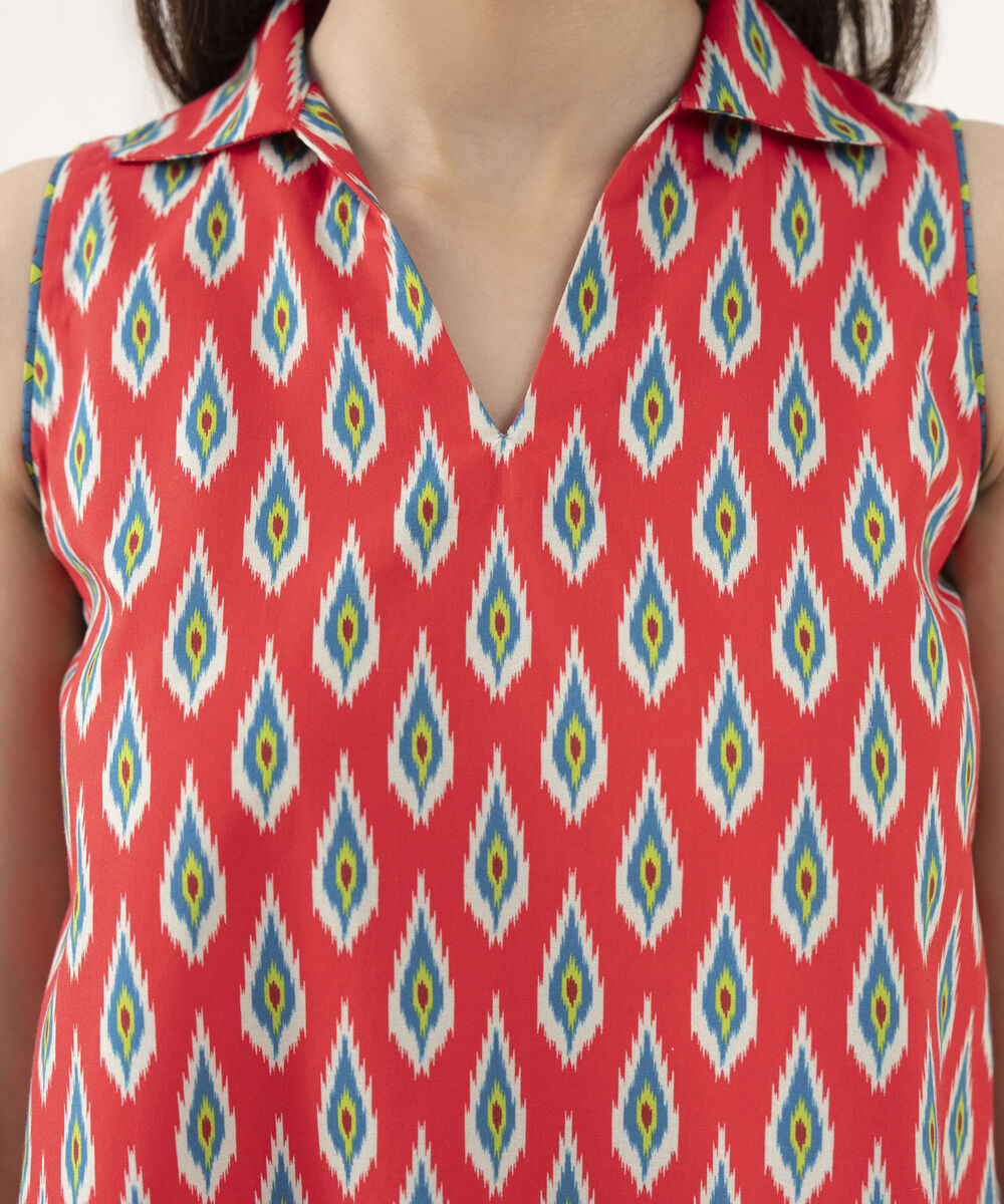 Women's Unstitched Cotton Printed Red 3 Piece Suit