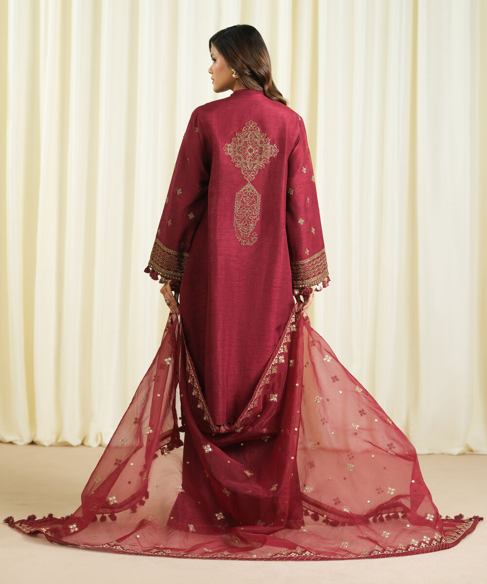 Women's Unstitched Raw Silk Embroidered Red 3 Piece Suit