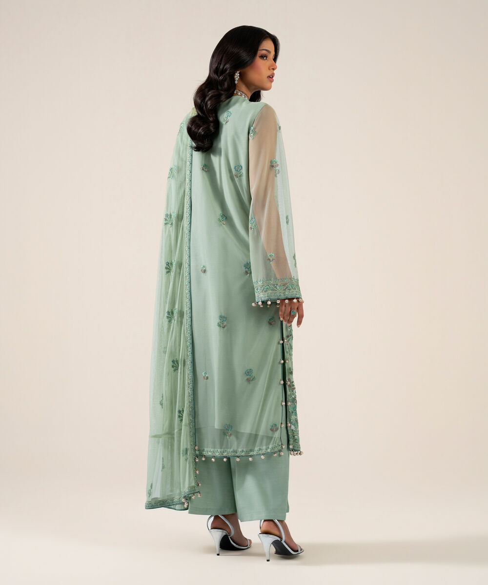 Women's Unstitched Net Embroidered Mint Green 3 Piece Suit