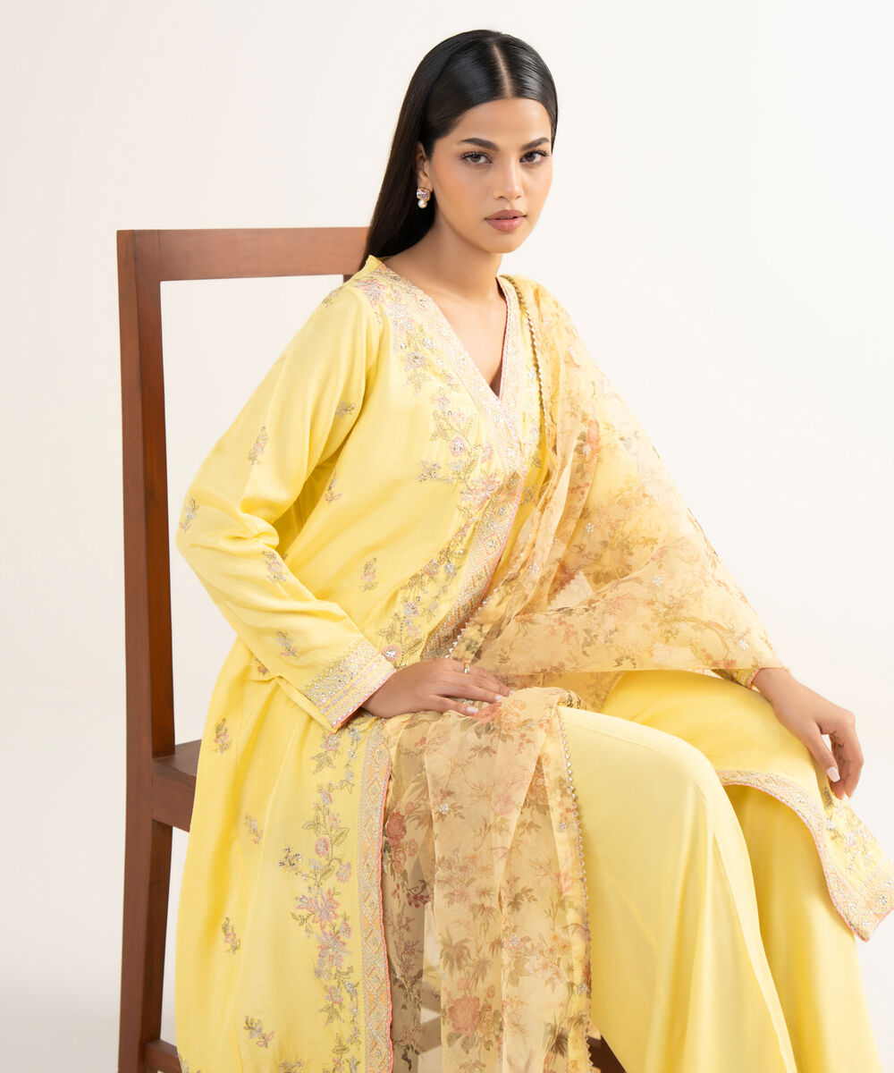 Women's RTW Raw Silk Yellow Embroidered 3 Piece Suit