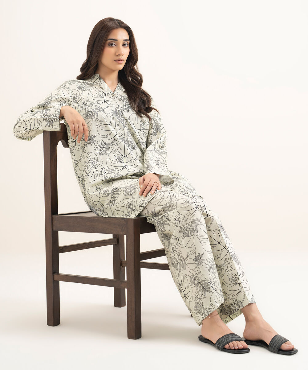 Women's RTW Cambric Printed Off White Straight Shirt