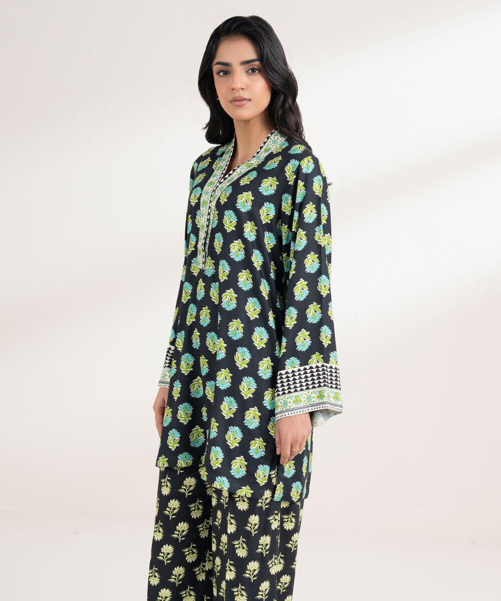 Women's RTW Arabic Dobby Printed Straight Black Shirt