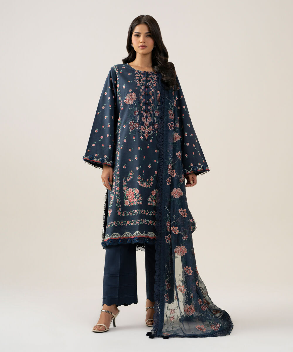 Women's Unstitched Blended Chiffon Printed Navy Blue 3 Piece Suit