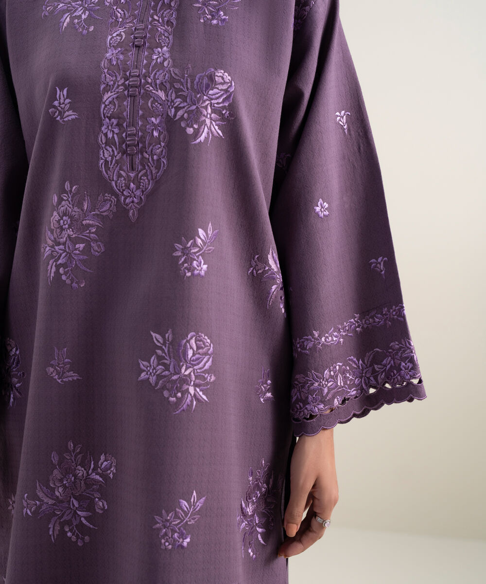 Women's Unstitched Dobby Embroidered Purple 3 Piece Suit