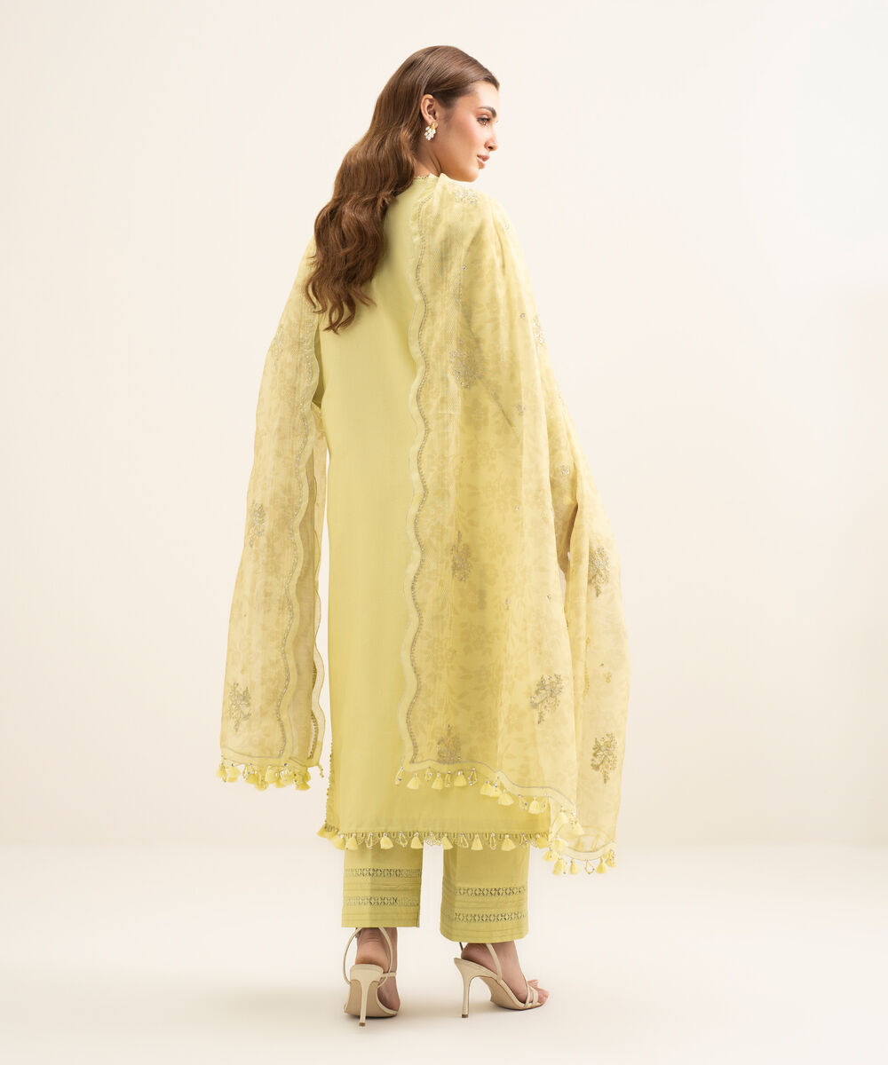 Women's Unstitched Fine Cotton Satin Embroidered Yellow 3 Piece Suit